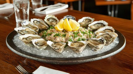 Oysters on ice platter coastal restaurant seafood dish inviting atmosphere close-up view culinary delight