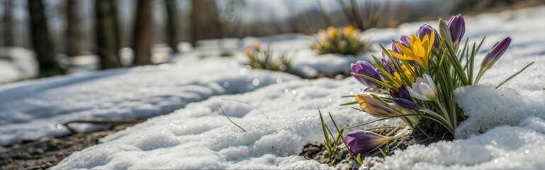 Crocuses emerging from snow, signifying winter's end and spring's arrival with copy space