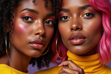 Fototapeta premium Two beautiful black women pose with vibrant makeup and style