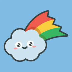 cloud and rainbow cute character with outline flat vector design.