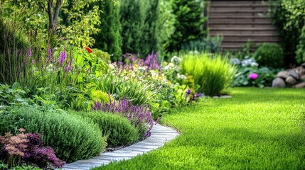 Fototapeta premium Lush Garden Pathway with Colorful Flowers and Vibrant Greenery