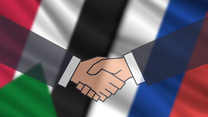 Vector blurred wavy national flags of Republic of Sudan and Russian Federation. Handshake. Relations between countries. Russia and Soudan. Political economic banner.