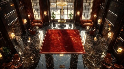 Luxurious hotel lobby, red carpet, city view, high angle