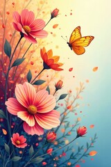 Vibrant Cosmos Flowers and a Butterfly in a Gentle Breeze, Adorned with Delicate Petals Falling Gracefully