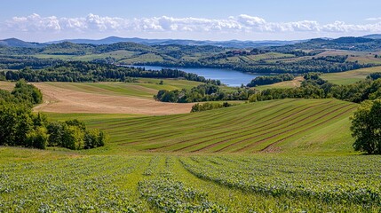Fototapeta premium Serene Landscape: Rolling Hills, Lush Farmland, and a Tranquil Lake Under a Summer Sky