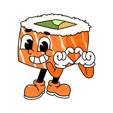 recommend clip art: Retro sushi mascot logo, sake sushi roll, salmon sushi sushi love hand pose