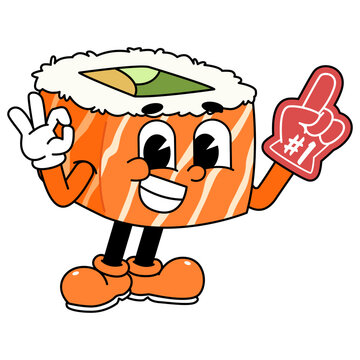 recommend clip art: Retro sushi mascot logo, sake sushi roll, salmon sushi sushi with Ok pose and wearing number one glove