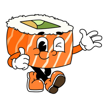 recommend clip art: Retro sushi mascot logo, sake sushi roll, salmon sushi sushi waving hand