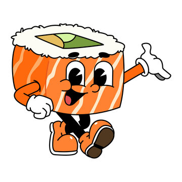 recommend clip art: Retro sushi mascot logo, sake sushi roll, salmon sushi sushi welcome pose