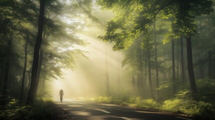 Obraz premium cyclist riding on the road in a forest with mist with dense trees 