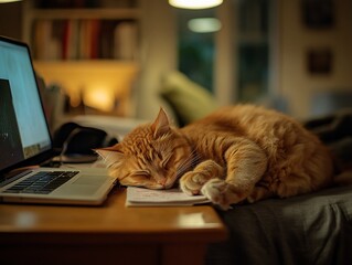 Orange tabby cat sleeping soundly on a laptop on a desk at night.