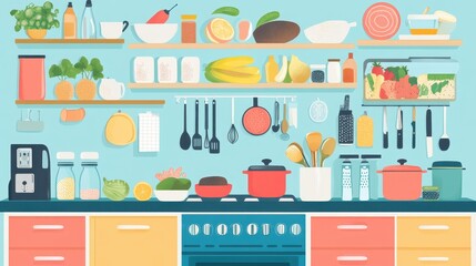 Naklejka premium Minimalist Kitchen with Colorful Food Preparation Elements