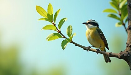 Fototapeta premium Small bird perches delicately on a leafy tree branch