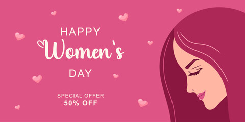 March 8 Women's Day horizontal banner beautiful woman. Face in profile close-up. Pink shades. Simple cute greeting card. Vector illustration.