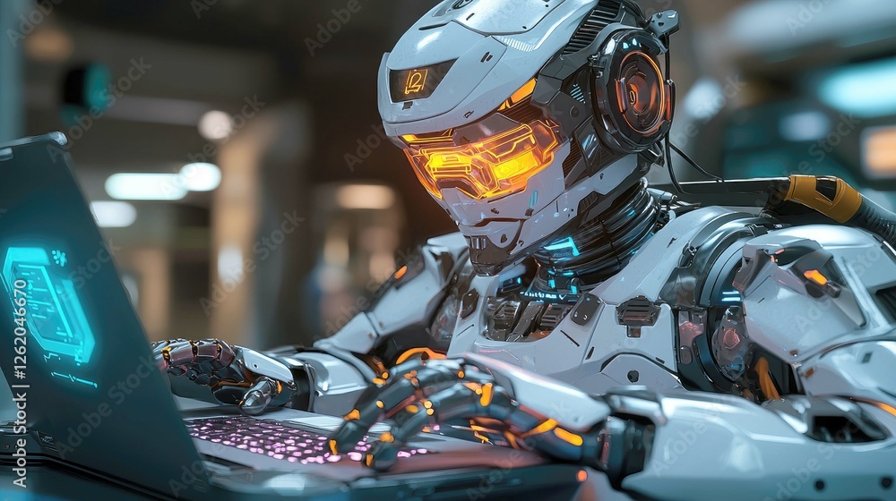Poster a futuristic robot skillfully operates a laptop, showcasing advanced ai and technological prowess. a