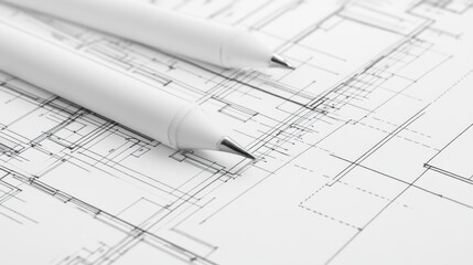 Architectural blueprint with pens, design, planning, technical drawing