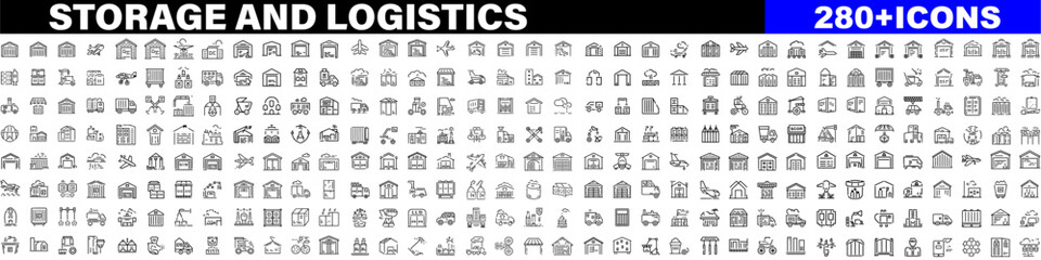 Storage and logistics line icons collection. Hangar, warehouse, delivery, container, garage, manufacturing icons. UI icon set. Thin outline icons pack. Vector illustration with white background