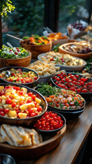 Fototapeta premium Traditional Thai food and desserts in a vibrant market with fresh fruits, vegetables, and colorful dishes, offering a variety of healthy and delicious snacks and meals