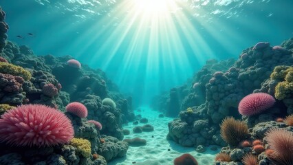 Obraz premium Underwater view of coral reef affected by bleaching with sunlight streaming down 