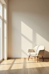 Serene Minimalist Interior Sunlight Illuminates a Modern Armchair in a Light-Filled Room with Hardwood Floors