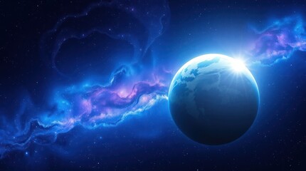 Obraz premium Earth Rising Above Nebula Background in Space with Sun Glare