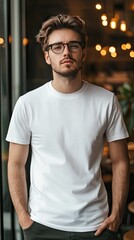 Fototapeta premium A man wearing white color t shirt mockup; with glasses; at the cafe; front view