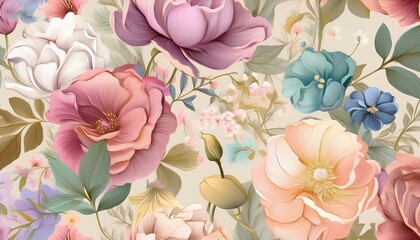 seamless pattern with flowers in colorful pastel beige background. Seamless floral pattern with vector illustration.