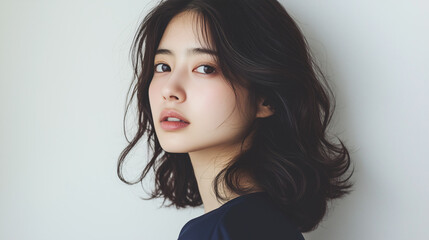 Serene Beauty: A young woman with a captivating gaze and shoulder-length, wavy dark hair looks over her shoulder. Her natural makeup enhances her delicate features.