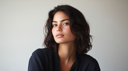 Intriguing Gaze: A captivating portrait of a young woman with dark, tousled hair and piercing eyes, her enigmatic expression hinting at a captivating story waiting to be unfolded.