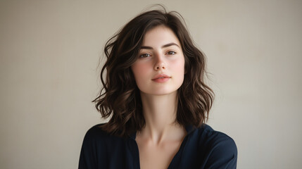Obraz premium Serene Gaze: A young woman with shoulder-length, wavy brunette hair looks directly at the camera with a calm and serene expression. Her makeup is natural and understated. She wears a simple dark top.