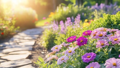 Obraz premium Sunlit garden path lined with vibrant pink, purple, and white flowers.