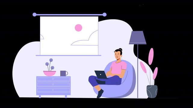 Flat vector animation illustrating the rise of remote working, showing characters in various home office setups, balancing work tasks, and using digital tools to stay connected.