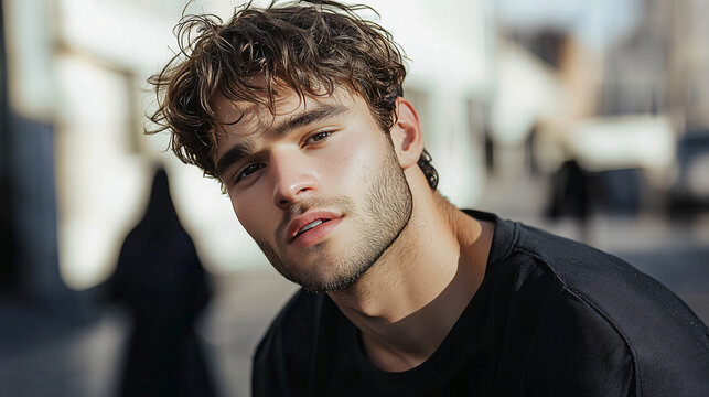 Intriguing Gaze: A young man with tousled brown hair and a well-groomed beard, captivating with his intense gaze. The slightly blurred urban background adds an air of mystery.