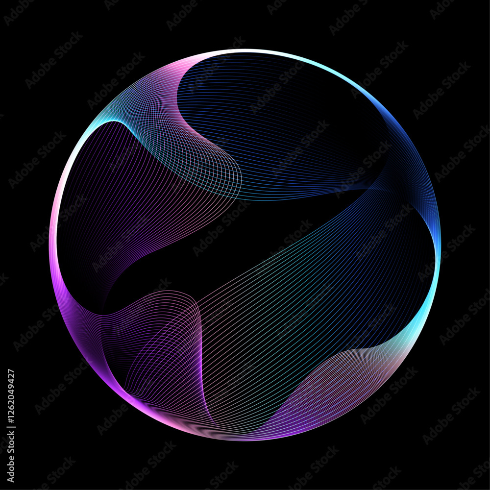 Aufkleber Abstract vector round shape of wavy lines flowing smooth curve colorful spectrum light on black background in concept of technology, science, music, modern.