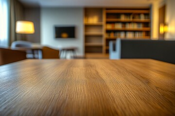 Close-up of empty wooden table in blurred modern living room.