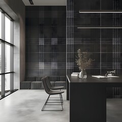 Minimalist Black and White Modern Interior with Furniture and Elements