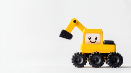 Playful yellow excavator toy children's playroom toy photography indoor side view fun and imagination
