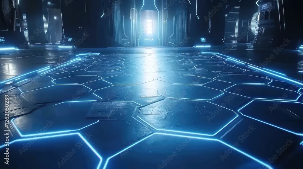Poster futuristic lighted floor design sci-fi setting digital art modern environment low angle view tech co