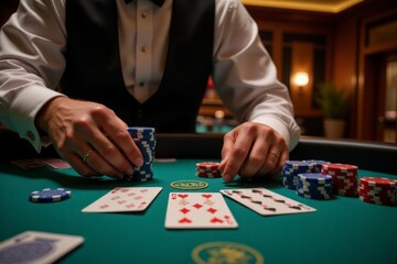 Dealer handling poker chips at a green felt casino table