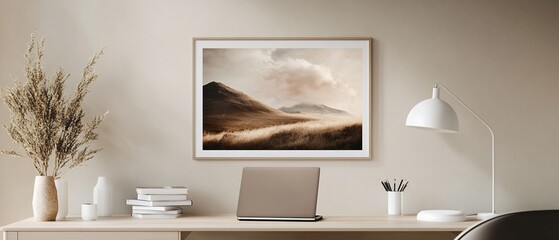 Calm workspace with laptop, landscape art print, and desk organizer.