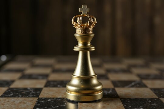Golden king chess piece stands prominently on checkered board