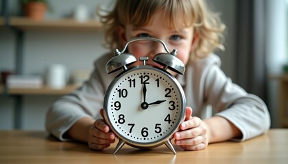 Child holding an alarm clock displaying the time two oclock