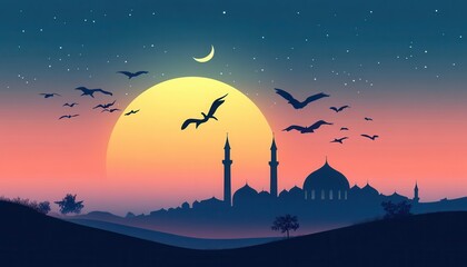 Naklejka premium Pixel Art Cityscape Silhouette at Sunset with Birds and Crescent Moon