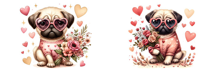 Grumpy pug wearing heart-shaped sunglasses, reluctantly holding a bouquet of wilted flowers. Watercolor clipart illustration isolated on a white background
