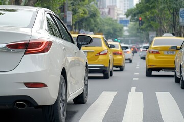 City Traffic Jam with White and Yellow Cars at Crosswalk