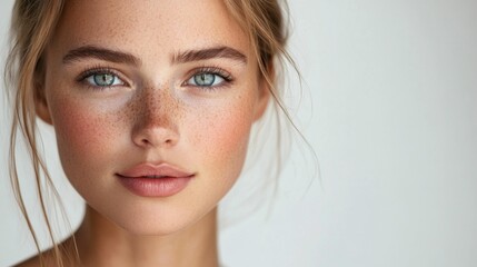 Fototapeta premium studio portrait of beautiful caucasian blonde woman model 20-25 years old with blue eyes with freckles on face, white background, copyspace