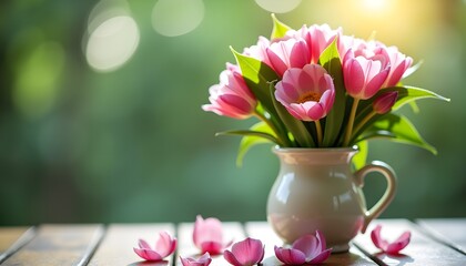 Pink tulips in a white vase on a wooden table with fallen petals