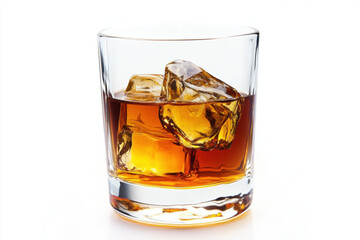 A glass of whiskey with ice on a white surface, featuring a brown liquid, cubes of ice, and a cold, refreshing drink often enjoyed at bars or during social gatherings