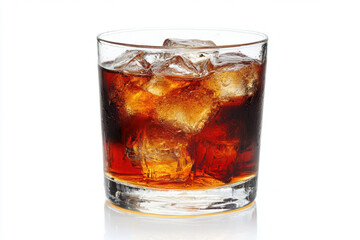 Glass of cold cola with ice cubes, a refreshing beverage, perfect for a solo drink, featuring a mix of soda, whiskey, and a splash of rum, offering a crisp and satisfying liquid experience