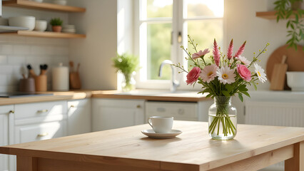 Empty table in the kitchen for product presentation. Spring, summer interior.